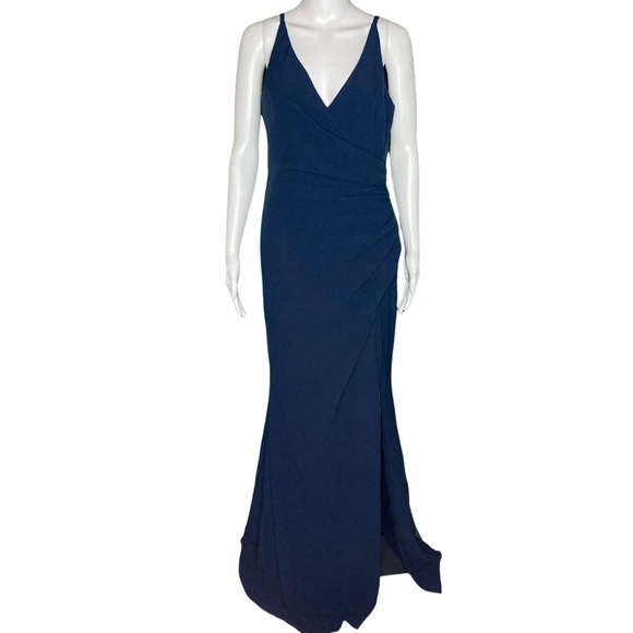 NWT Dress the Population Navy Jordan Ruched Side Front Slit Gown - Sz M - Picture 3 of 8